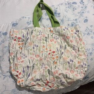 Floral Canvas Tote Bag with Green Handles